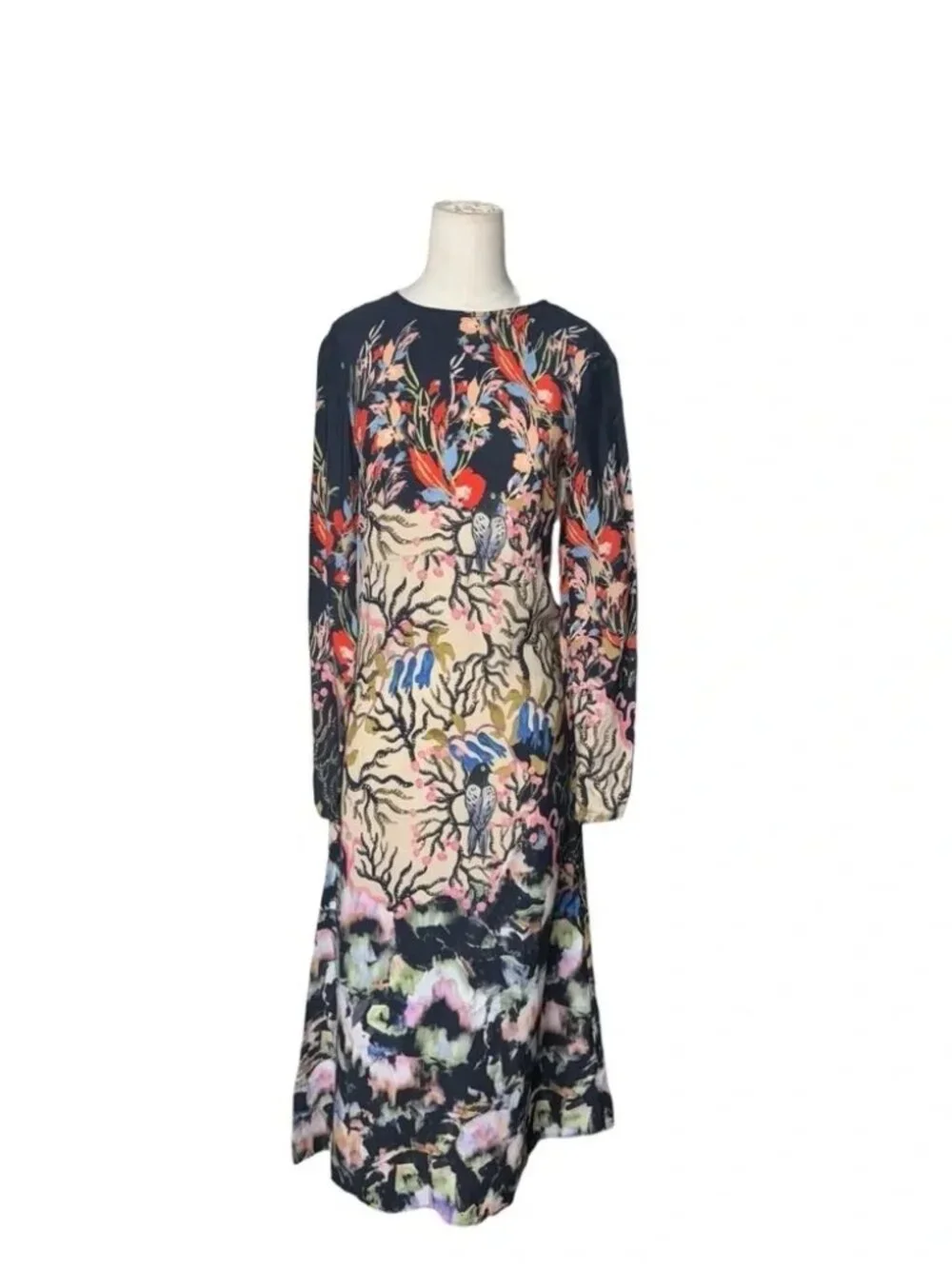 H&M Long Sleeve Printed Midi Dress – Bold Artistic Floral Print – Elegant Sz 2 - Picture 8 of 8